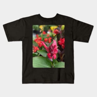 Pink Flower Blooming in Large Leaves 2 Kids T-Shirt